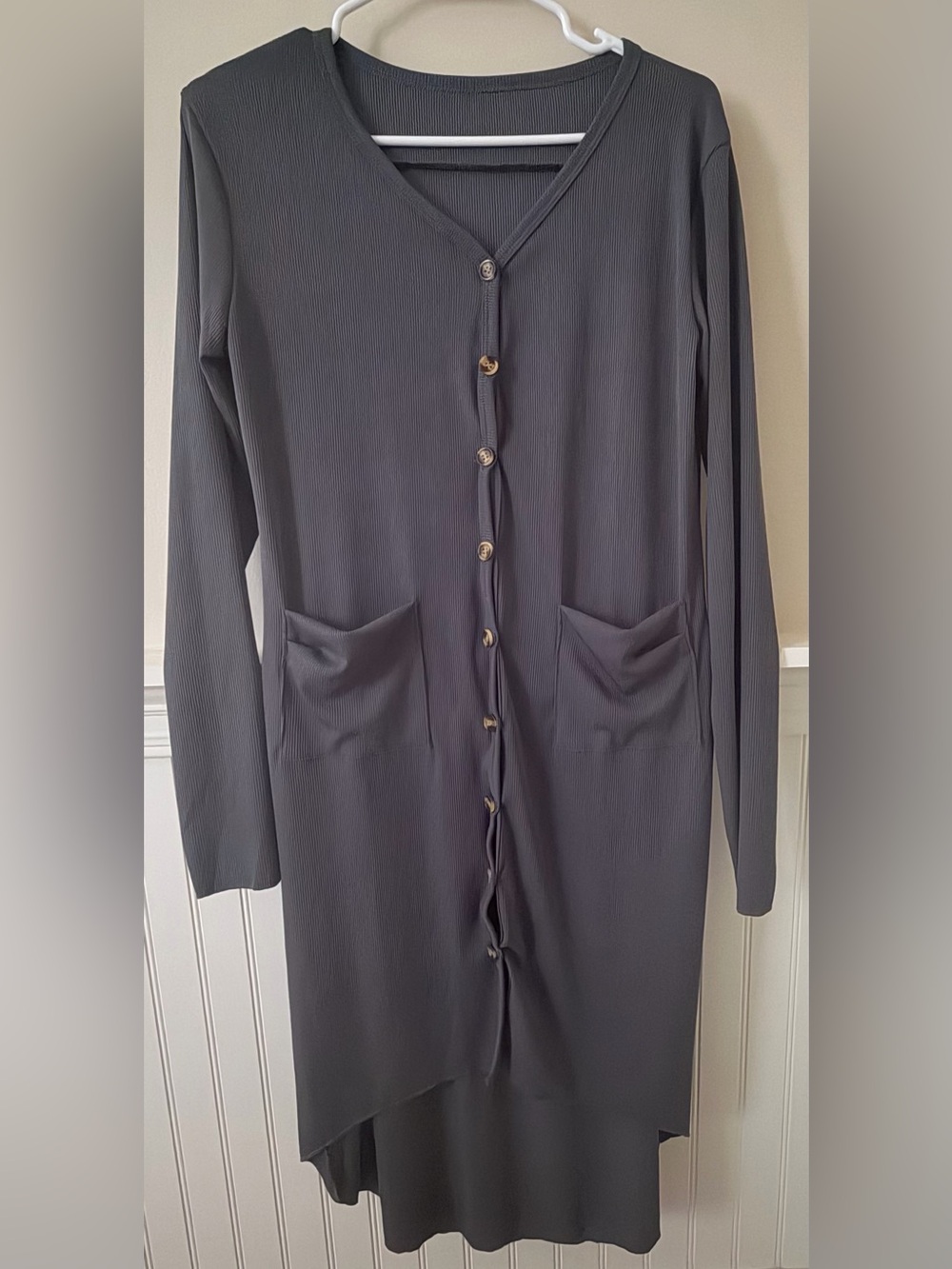 Long Button-Front Women's Dress in Charcoal Gray